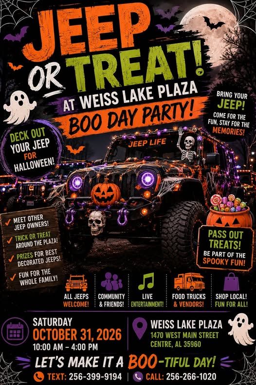 Jeep or Treat Boo Day Party at Weiss Lake Plaza car show in Centre, AL
