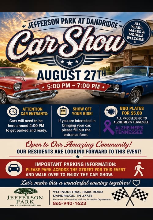 Jefferson Park at Dandridge Car Show event at Jefferson Park at Dandridge in Dandridge, TN on August 27, 2026