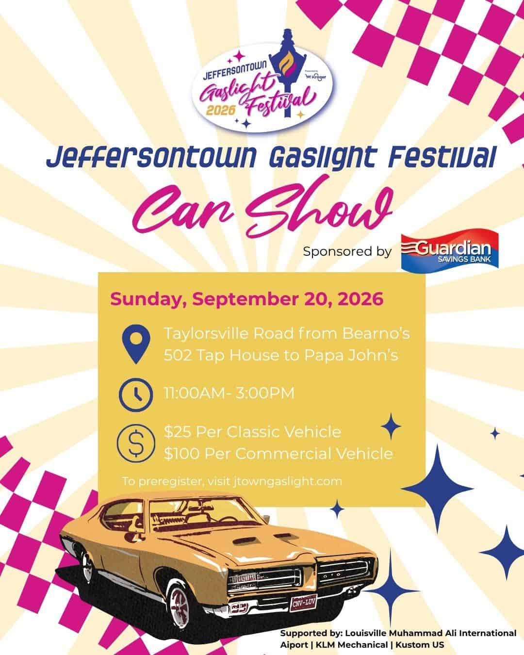Jeffersontown Gaslight Festival Car Show event at Taylorsville Road from Bearno's 502 Tap House to Papa John's in Jeffersontown, KY on September 20, 2026