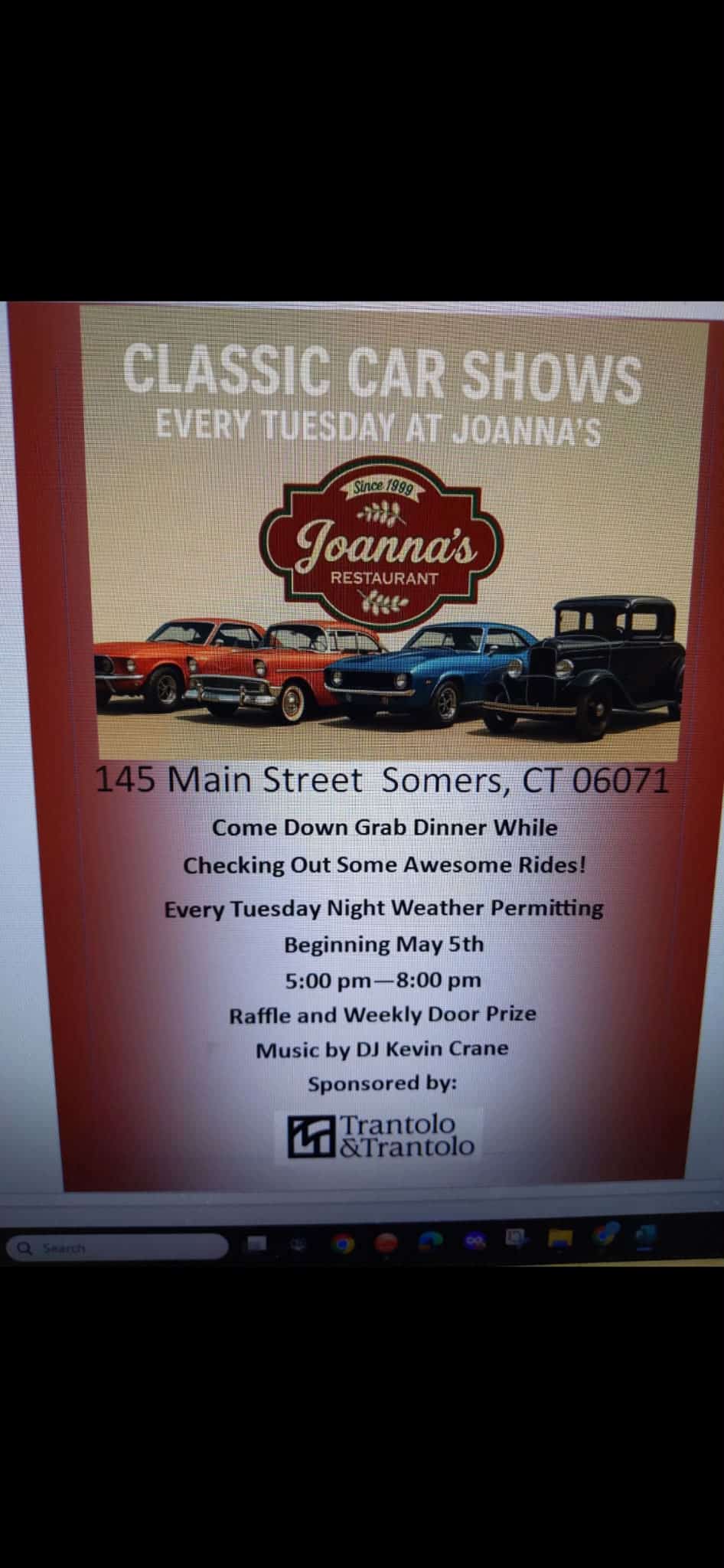 Joanna's Restaurant Classic Car Shows event at Joanna's Restaurant in Somers, CT on August 4, 2026