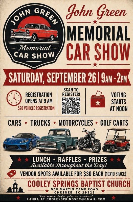 John Green Memorial Car Show event at Cooley Springs Baptist Church in Chesnee, SC on September 26, 2026