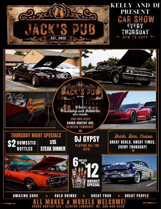 Kelly and DJ Present Car Show at Jack's Pub event at Jack's Pub in Clinton Township, MI on August 27, 2026