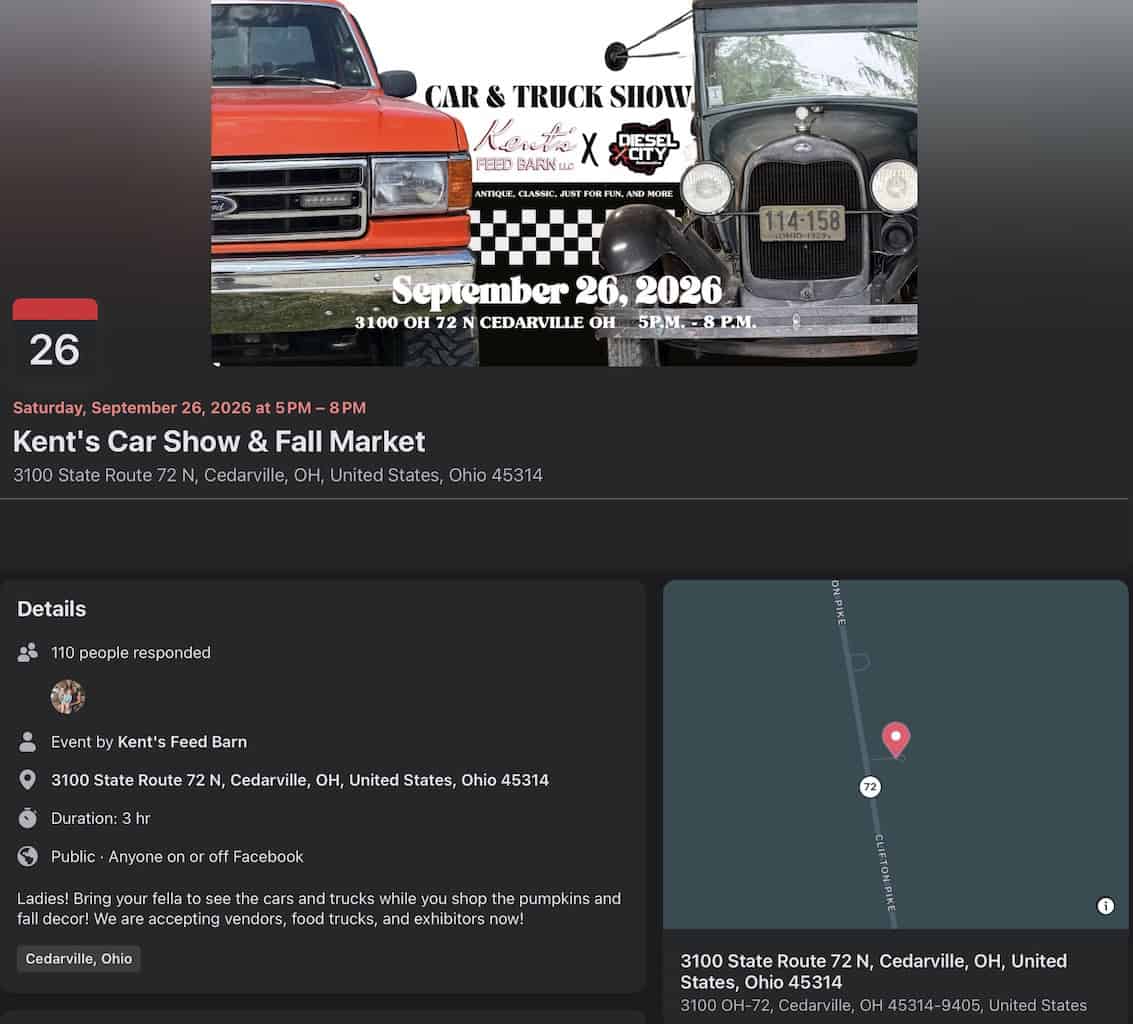 Kent's Feed Barn Car & Truck Show event at Kent's Feed Barn in Cedarville, OH on September 26, 2026