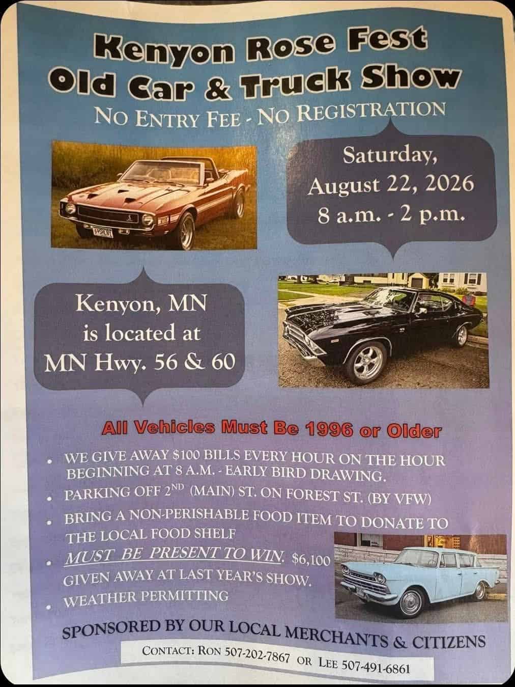 Kenyon Rose Fest Old Car & Truck Show event at MN Hwy 56 & 60 in Kenyon, MN on August 22, 2026