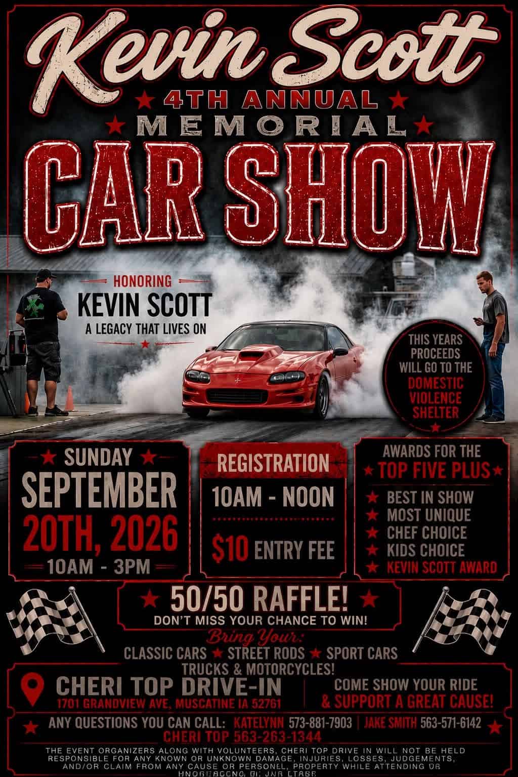 Kevin Scott Memorial Car Show event at Cheri Top Drive-In in Muscatine, IA on September 20, 2026