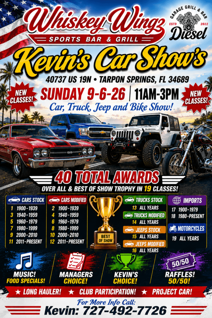 Kevin's Car Show event at Whiskey Wings in Tarpon Springs, FL on September 6, 2026