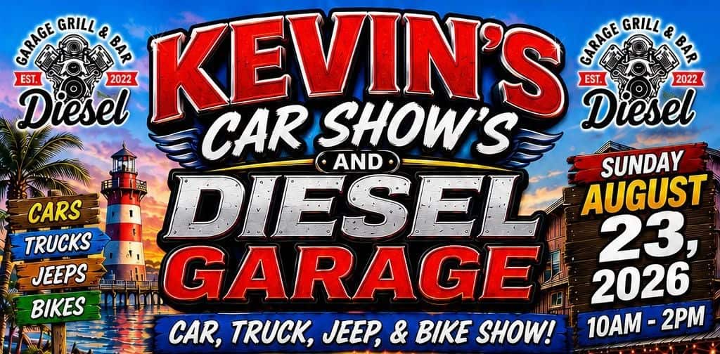 Kevin's Car Shows and Diesel Garage Car, Truck, Jeep, & Bike Show event at Diesel Garage Grill & Bar in Palm Harbor, FL on August 23, 2026