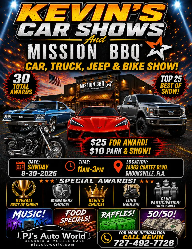 Kevin's Car Shows Car, Truck, Jeep & Bike Show event at Mission BBQ in Brooksville, FL on August 30, 2026