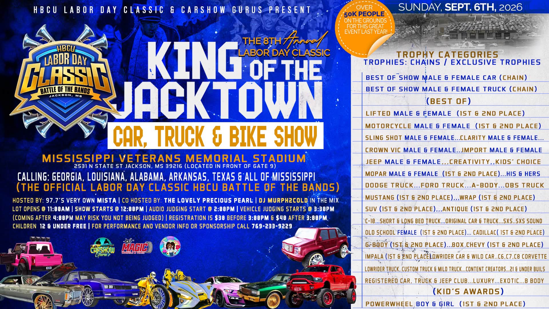 King of the Jacktown Labor Day Classic Car, Truck & Bike Show event at Mississippi Veterans Memorial Stadium in Jackson, MS on September 6, 2026