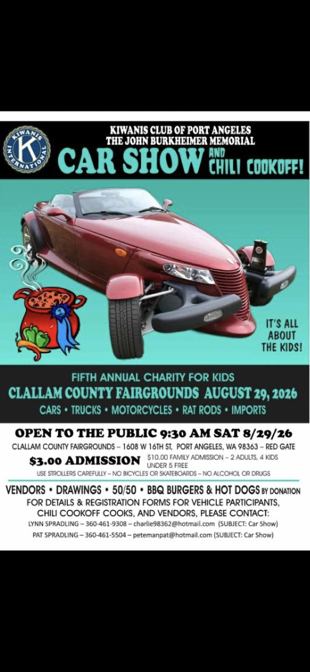 Kiwanis Club of Port Angeles John Burkheimer Memorial Car Show and Chili Cookoff event at Clallam County Fairgrounds in Port Angeles, WA on August 29, 2026