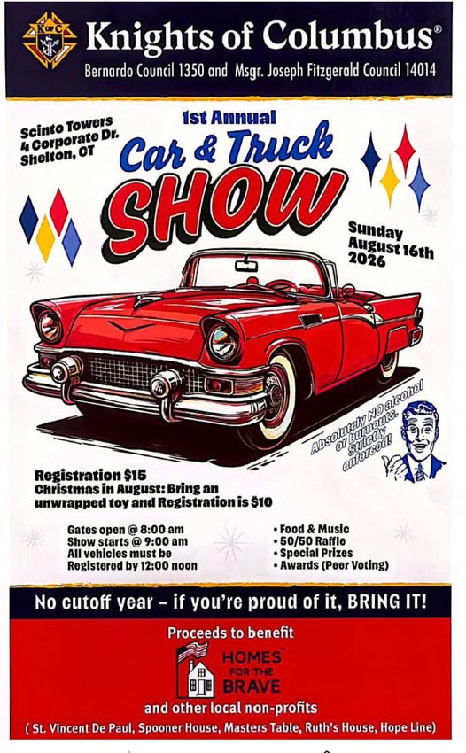Knights of Columbus 1st Annual Car & Truck Show event at Scinto Towers in Shelton, CT on August 16, 2026