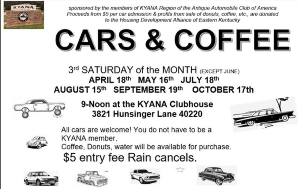 KYANA Region Cars & Coffee event at KYANA Clubhouse in Louisville, KY on August 15, 2026