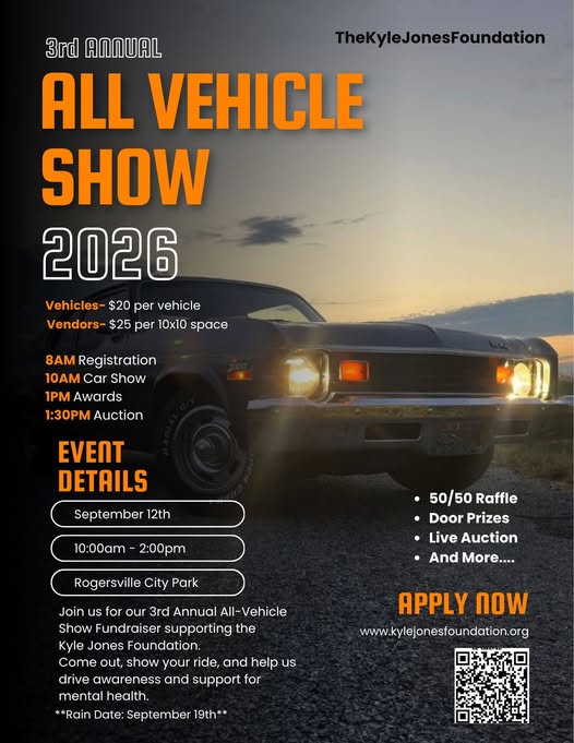 Kyle Jones Foundation 3rd Annual All Vehicle Show event at Rogersville City Park in Rogersville, AL on September 12, 2026