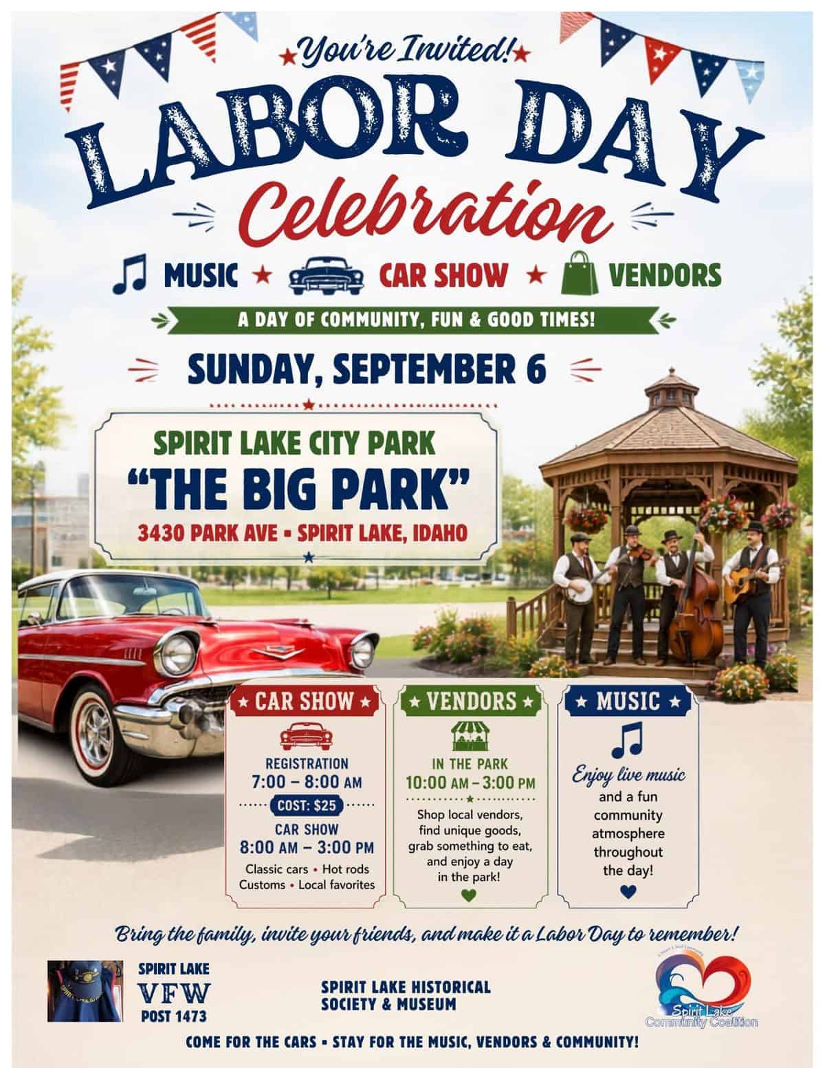 Labor Day Celebration Car Show event at Spirit Lake City Park in Spirit Lake, ID on September 6, 2026