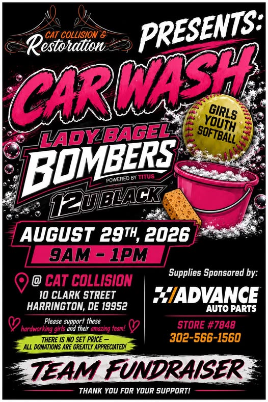 Lady Bagel Bombers 12U Black Car Wash event at Cat Collision in Harrington, DE on August 29, 2026