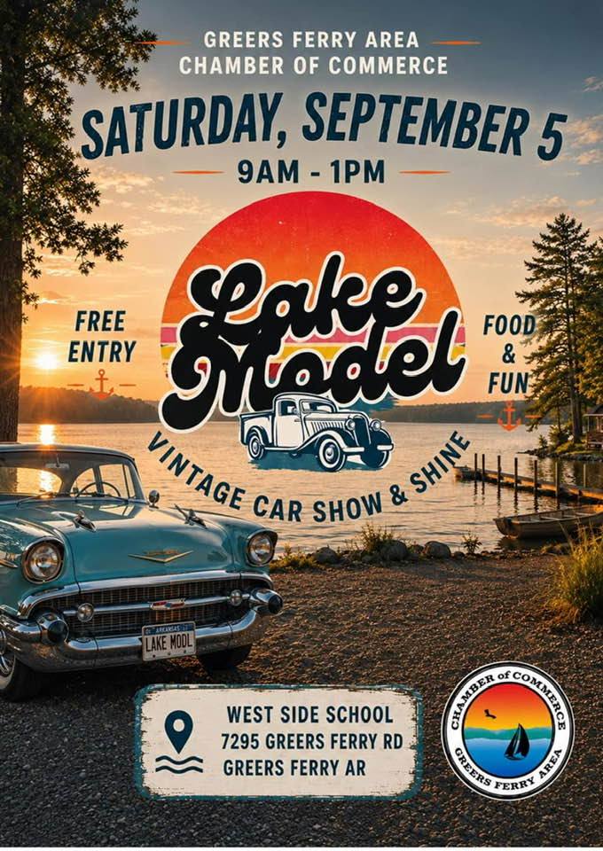 Lake Model Vintage Car Show & Shine event at West Side School in Greers Ferry, AR on September 5, 2026
