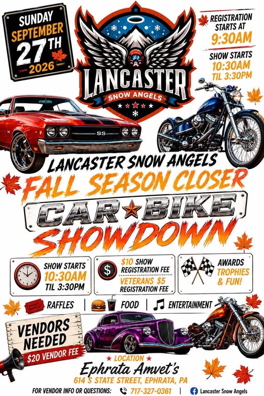 Lancaster Snow Angels Fall Season Closer Car Bike Showdown event at Ephrata Amvets in Ephrata, PA on September 27, 2026
