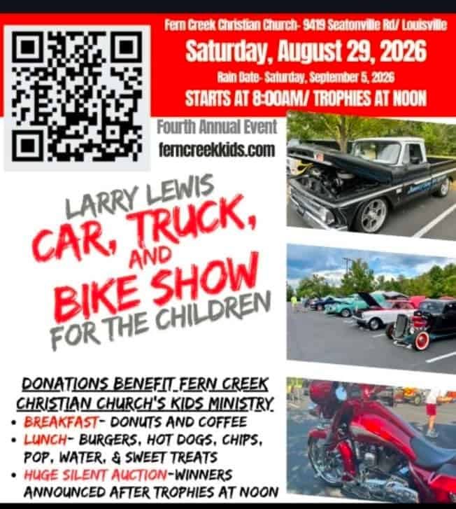 Larry Lewis Car, Truck, and Bike Show for the Children event at Fern Creek Christian Church in Louisville, KY on August 29, 2026