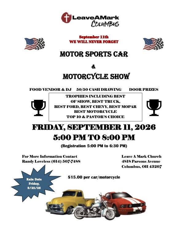 Leave a Mark Church Motor Sports Car & Motorcycle Show event at Leave a Mark Church in Columbus, OH on September 11, 2026