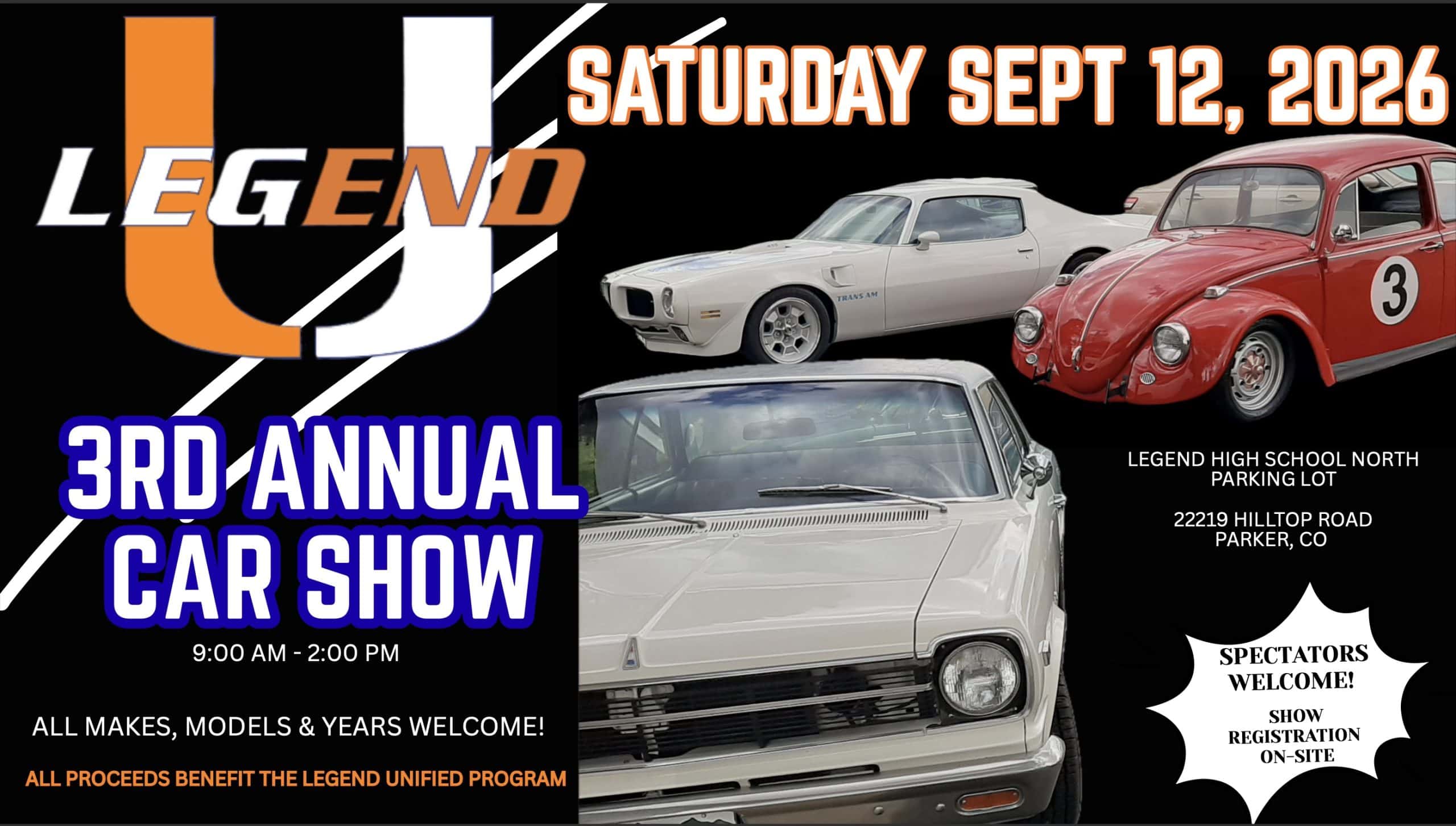 Legend Unified Car Show event at Legend High School North in Parker, CO on September 12, 2026