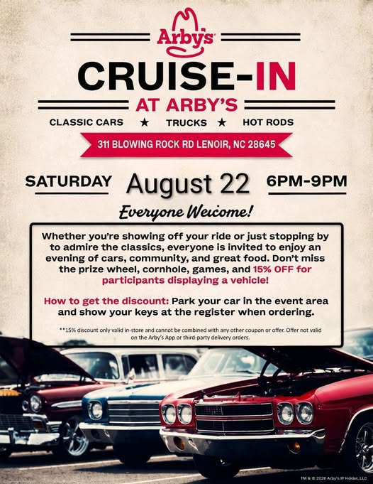 Lenoir Arby's Cruise-In event at Arby's in Lenoir, NC on August 22, 2026