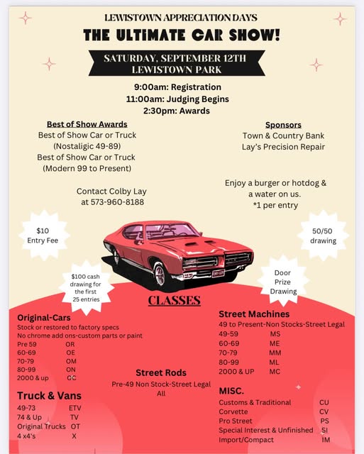 Lewistown Appreciation Days the Ultimate Car Show event at Lewistown Park in Lewistown, MO on September 12, 2026