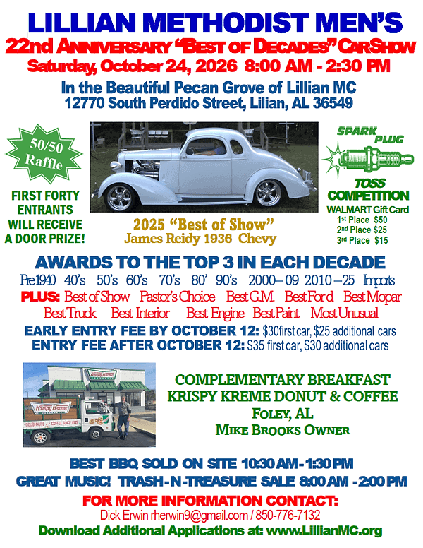 Lillian Methodist Men's 22nd Anniversary "Best of Decades" Car Show event at Lillian Methodist Church in Lillian, AL on October 24, 2026