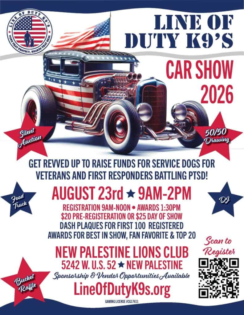 Line of Duty K9's Car Show event at New Palestine Lions Club in New Palestine, IN on August 23, 2026