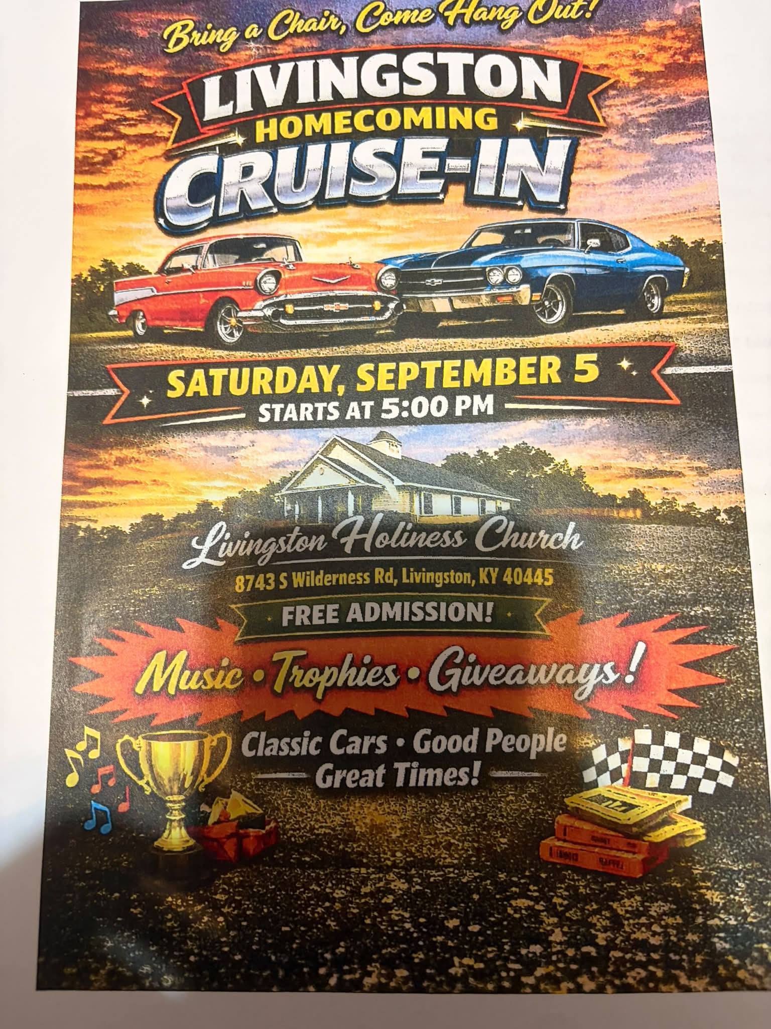 Livingston Homecoming Cruise-In event at Livingston Holiness Church in Livingston, KY on September 5, 2026