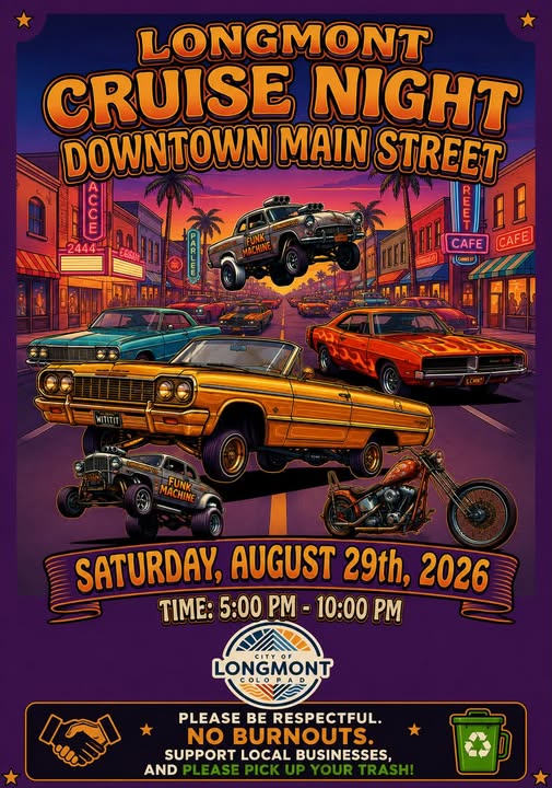 Longmont Cruise Night event at Downtown Main Street in Longmont, CO on August 29, 2026