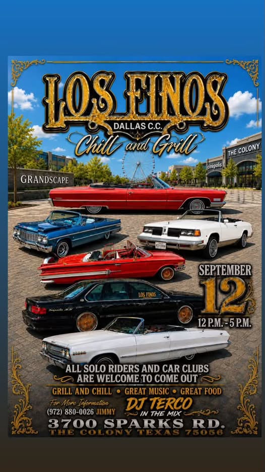 Los Finos Dallas C.C. Chill and Grill event at Grandscape in The Colony, TX on September 12, 2026