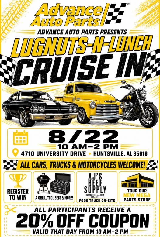 Lugnuts-N-Lunch Cruise in event at Advance Auto Parts in Huntsville, AL on August 22, 2026