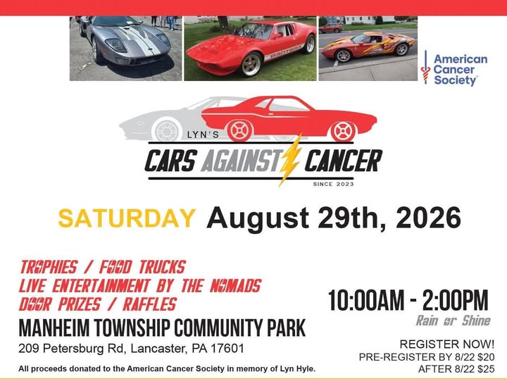 Lyn's Cars Against Cancer event at Manheim Township Community Park in Lancaster, PA on August 29, 2026