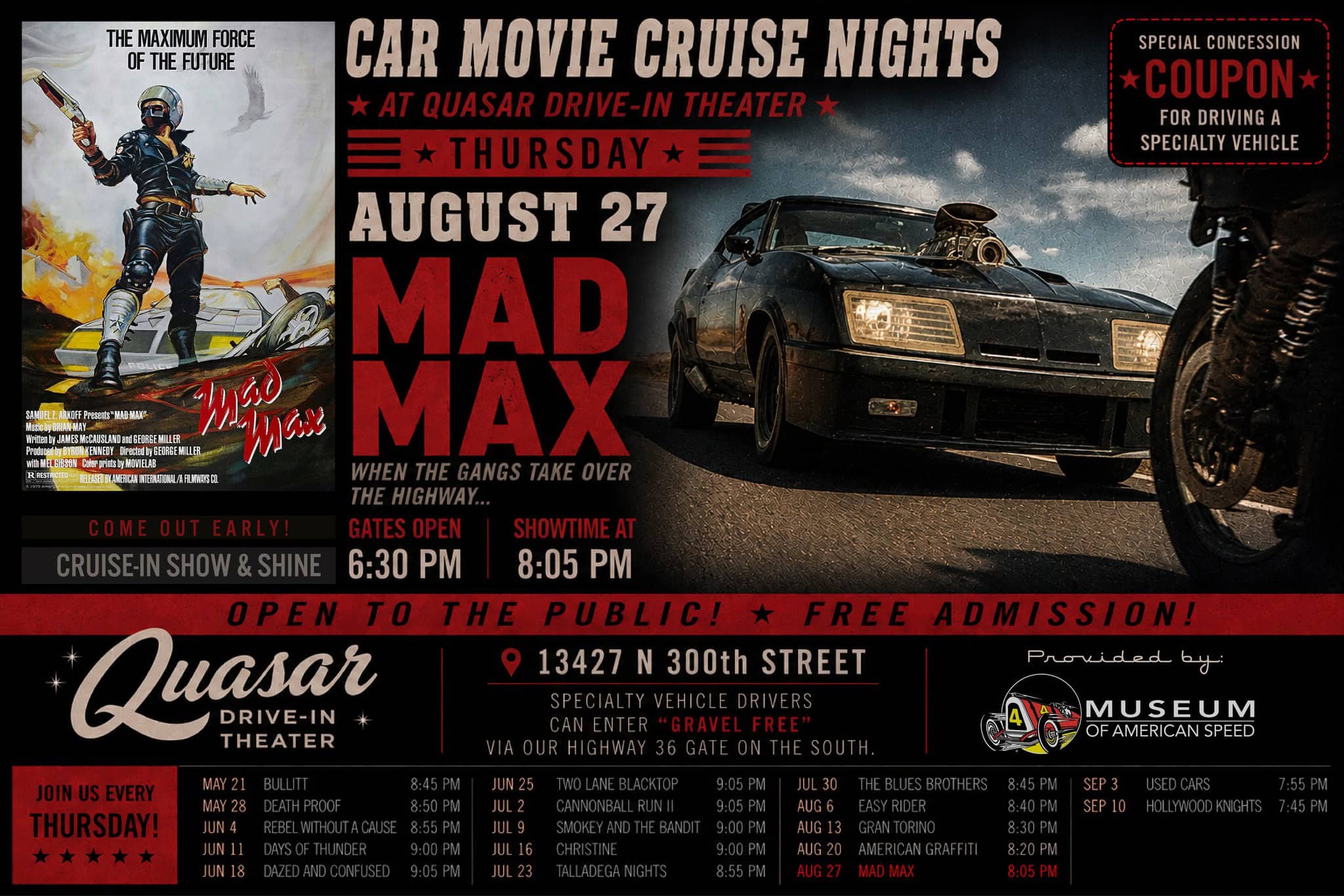 Mad Max - Car Movie Cruise Nights event at Quasar Drive-In Theater in Valley, NE on August 27, 2026