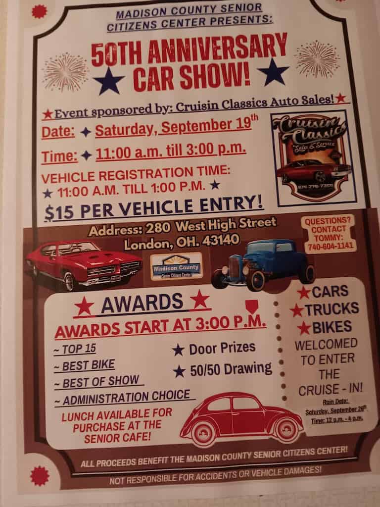 Madison County Senior Citizens Center 50th Anniversary Car Show event at Madison County Senior Citizens Center in London, OH on September 19, 2026