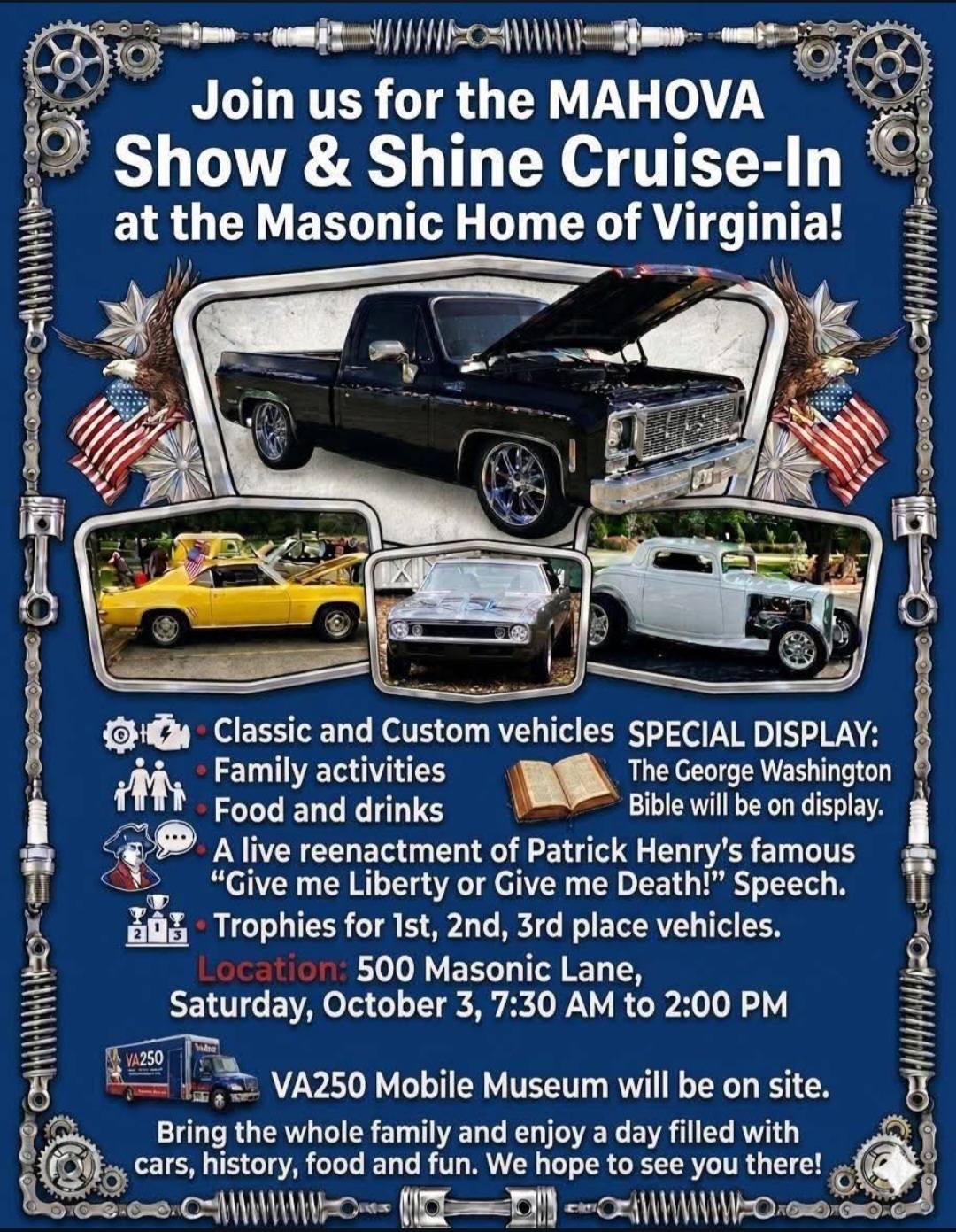 MAHOVA Show & Shine Cruise-In event at Masonic Home of Virginia in Richmond, VA on October 3, 2026