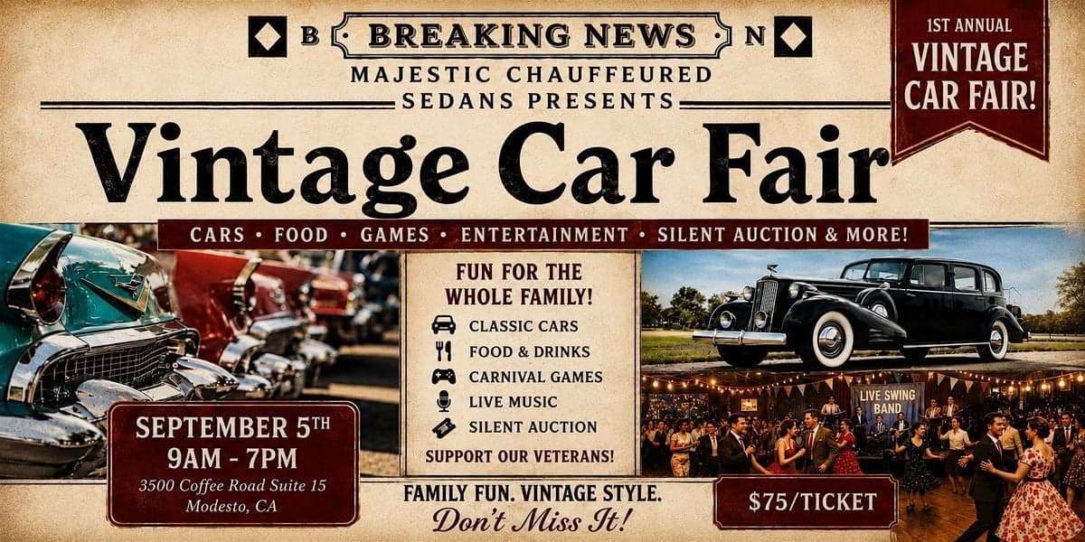 Majestic Chauffeured Sedans Vintage Car Fair event at Stanislaus County Veteran's Service Office in Modesto, CA on September 5, 2026