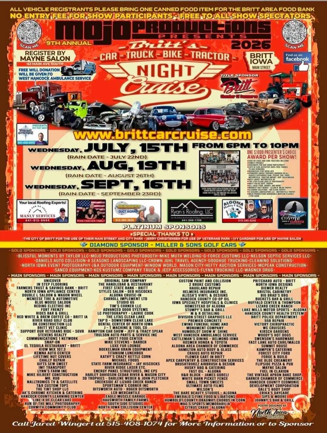 Majo Productions 9th Annual Britt Car - Truck - Bike - Tractor Night Cruise event at Main Street in Britt, IA on September 16, 2026