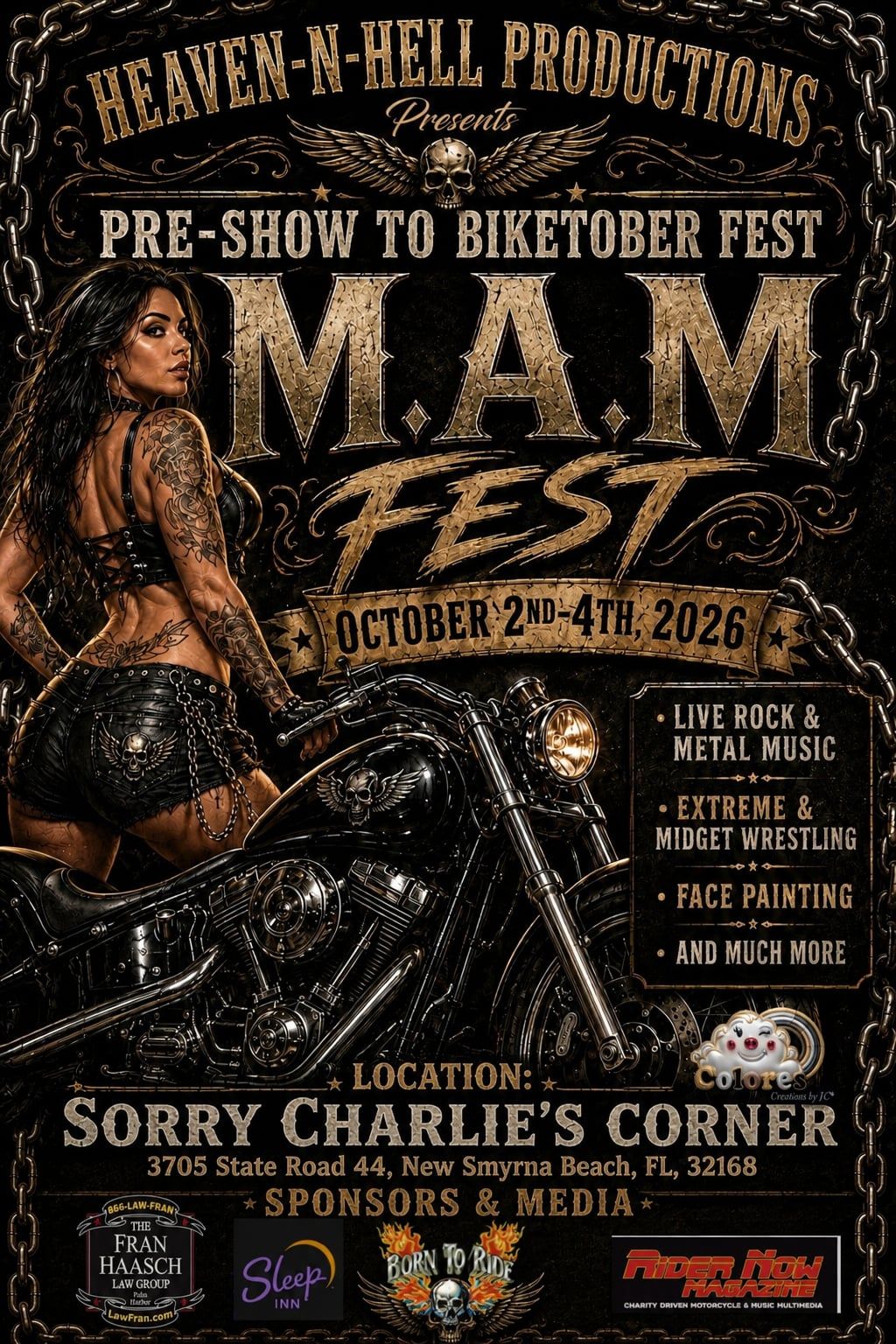 M.A.M Fest event at Sorry Charlie's Corner in New Smyrna Beach, FL on October 2, 2026