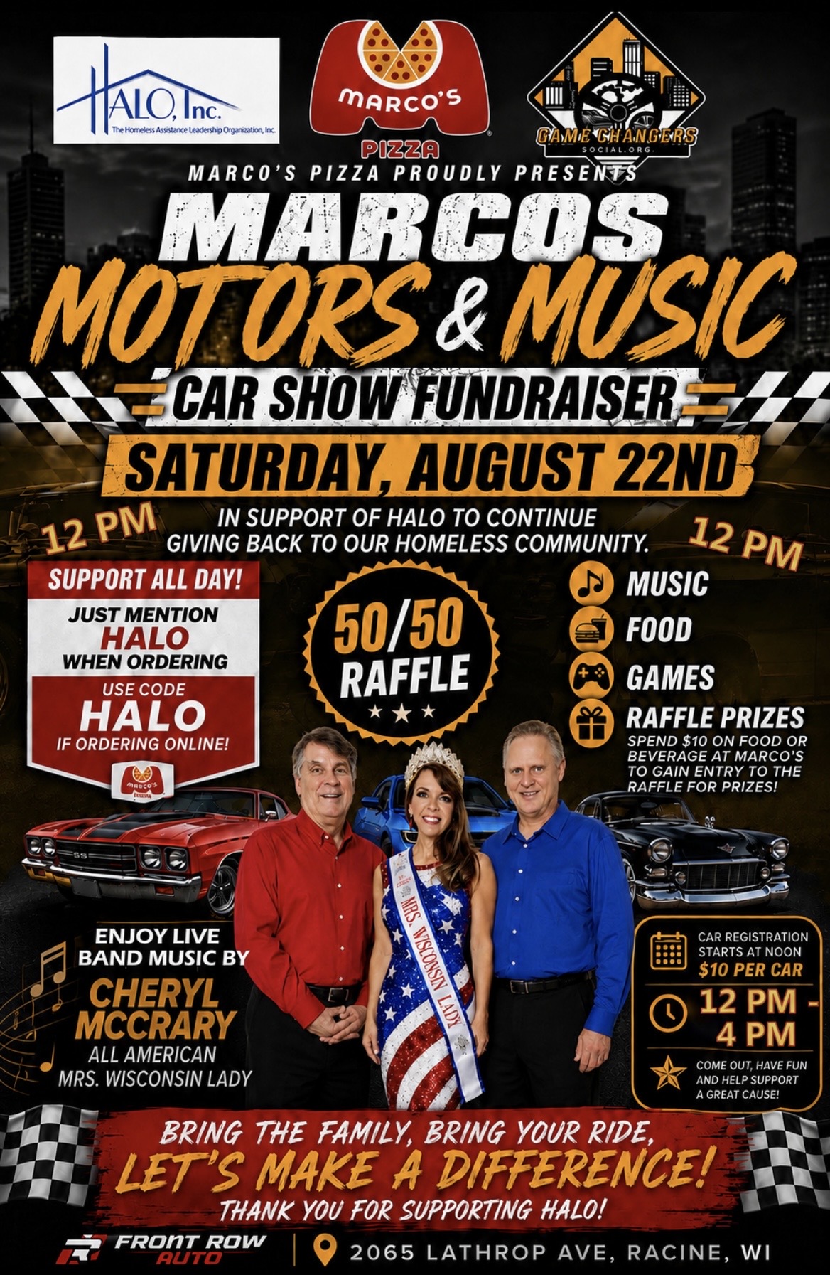 Marco's Motors & Music Car Show Fundraiser event at Marco's Pizza in Racine, WI on August 22, 2026