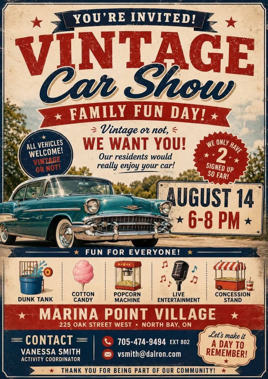 Marina Point Village Vintage Car Show event at Marina Point Village in North Bay, ON on August 14, 2026