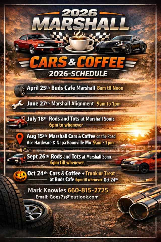 Marshall Cars & Coffee on the Road at Ace Hardware & Napa Boonville event at Miller Ace Hardware in Boonville, MO on August 15, 2026