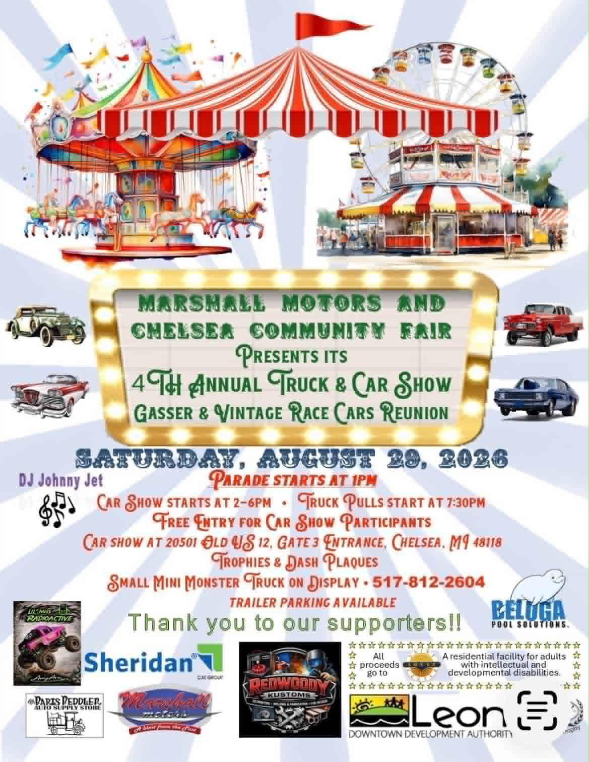 Marshall Motors and Chelsea Community Fair 49th Annual Truck & Car Show Gasser & Vintage Race Cars Reunion event at Chelsea High School in Chelsea, MI on August 29, 2026