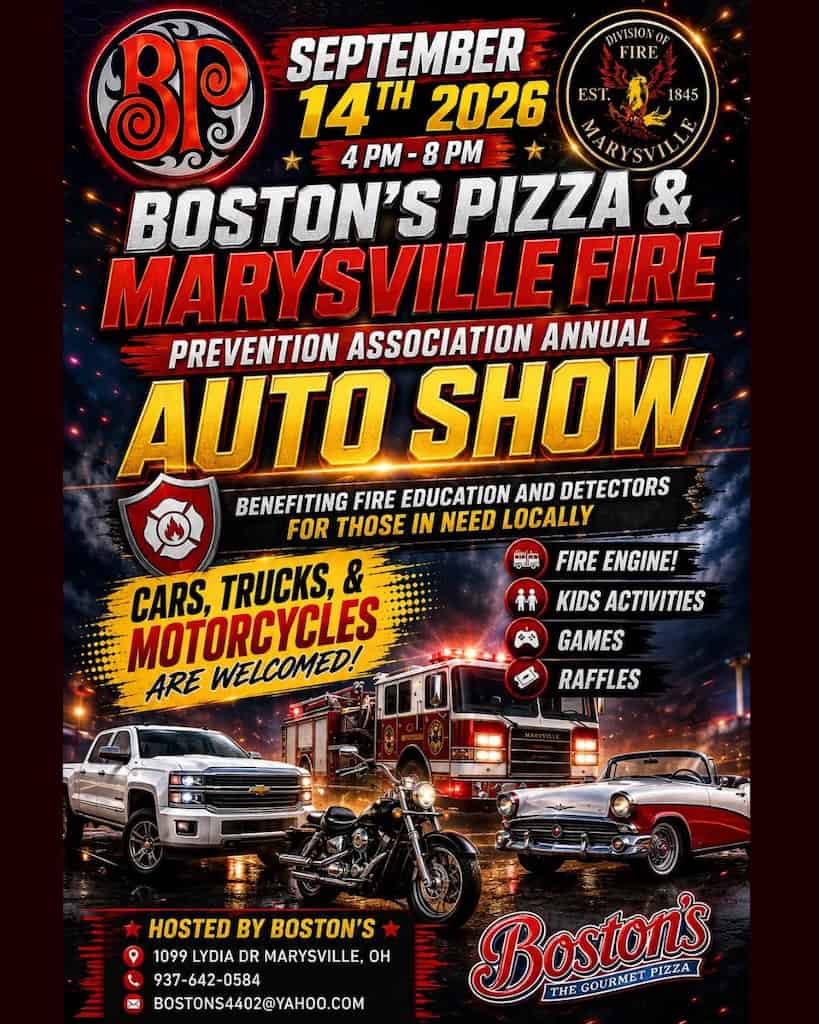 Marysville Fire Prevention Association Annual Auto Show event at Boston's Pizza in Marysville, OH on September 14, 2026