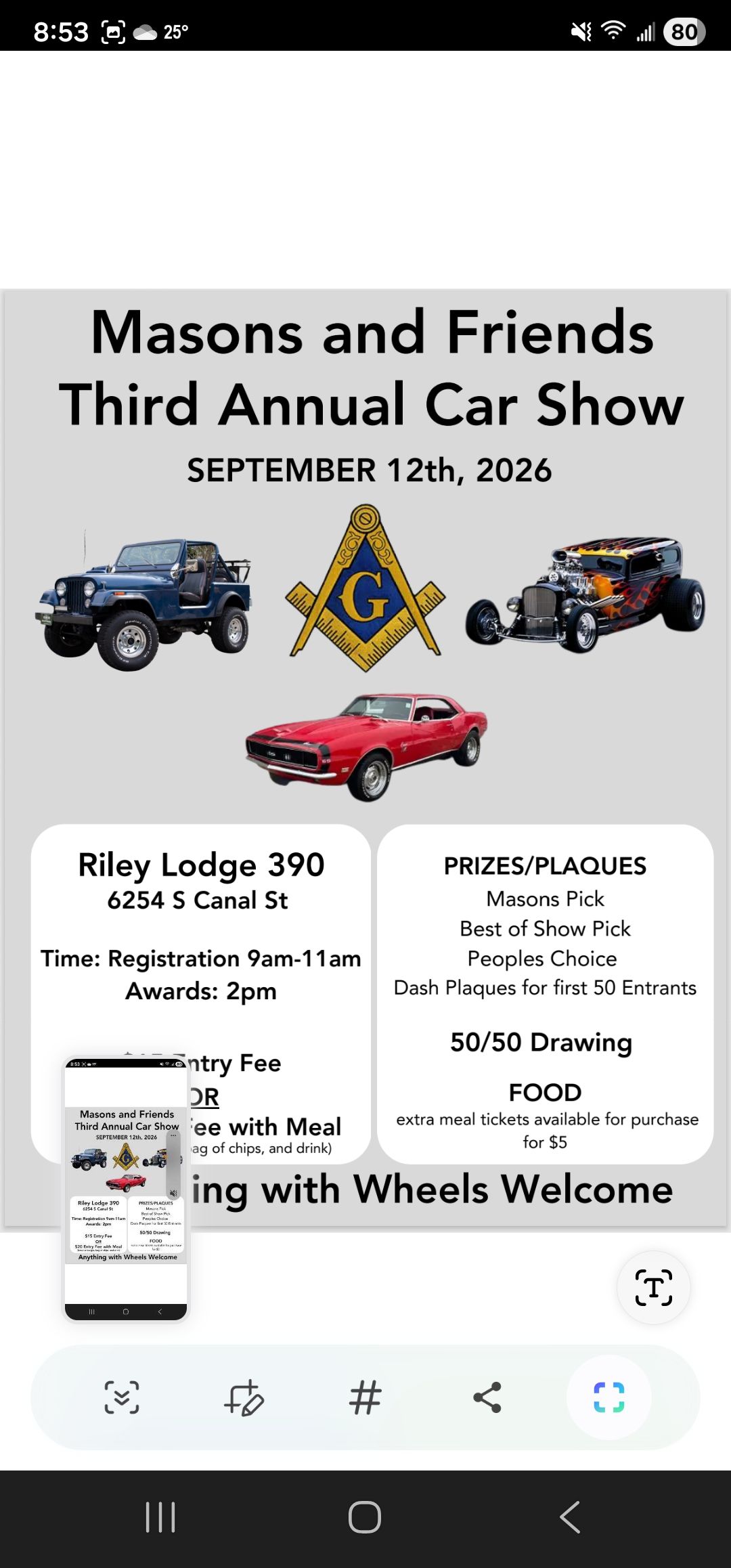 Masons and Friends Third Annual Car Show event at Riley Lodge 390 in Terre Haute, IN on September 12, 2026