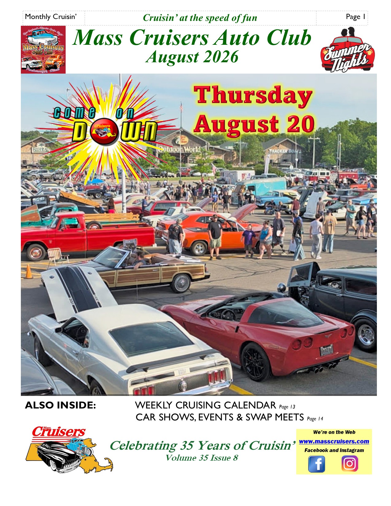 Mass Cruisers Auto Club Monthly Car Cruise event at Bass Pro Shops at Patriot Place in Foxboro, MA on August 20, 2026