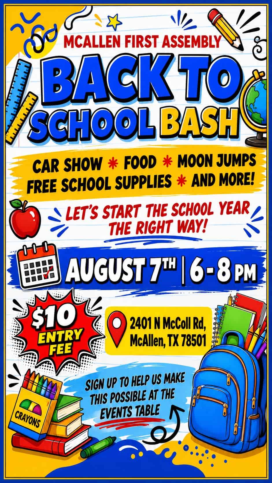 McAllen First Assembly Back to School Bash event at McAllen First Assembly in McAllen, TX on August 7, 2026