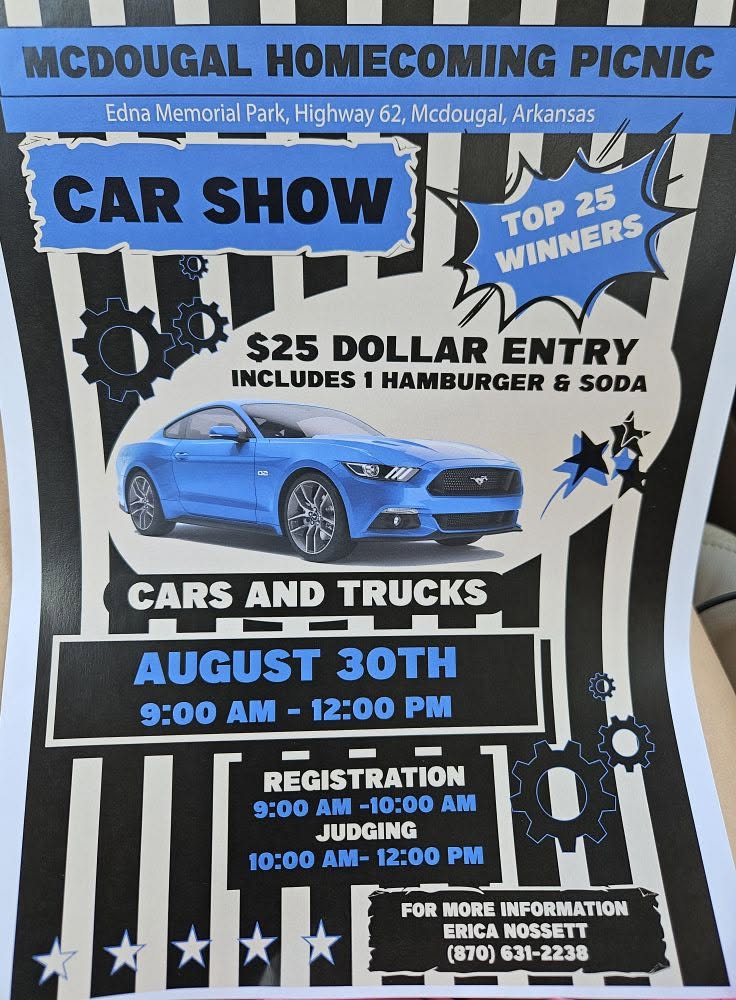 McDougal Homecoming Picnic Car Show event at Edna Memorial Park in McDougal, AR on August 30, 2026