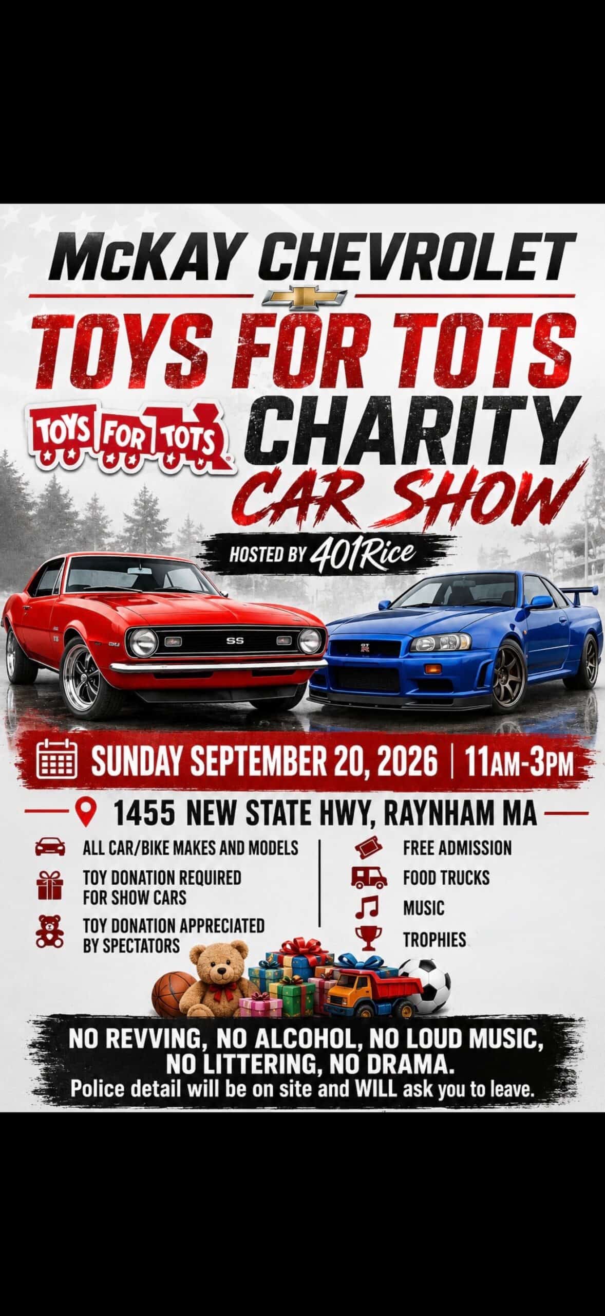 McKay Chevrolet Toys for Tots Charity Car Show event at McKay Chevrolet in Raynham, MA on September 20, 2026