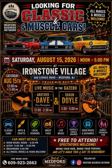 Medford Business Network Car Show event at Ironstone Village in Medford, NJ on August 15, 2026